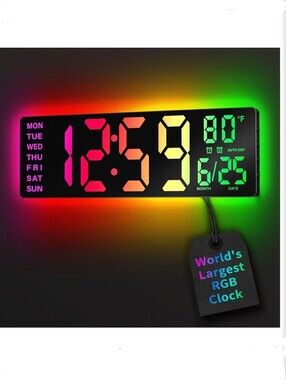 NIB Large Digital Wall Clock, BT Sync RGB Lights, 11 Scenes Mode, Remote Control